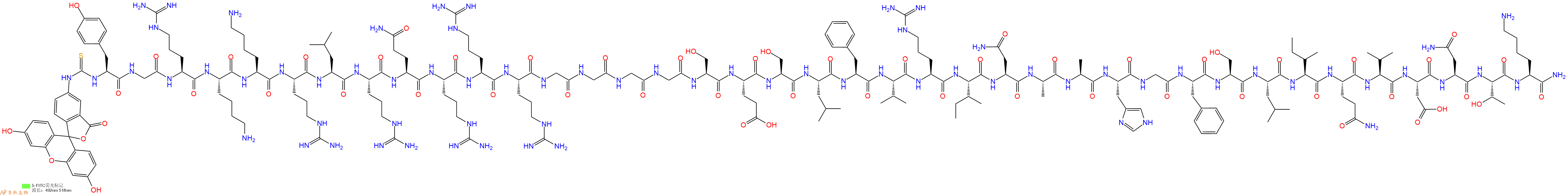 专肽生物产品5FITC-Tyr-Gly-Arg-Lys-Lys-Arg-Leu-Arg-Gln-Arg-Arg-Arg-Gly-Gly-Gly-Gly-Ser-Glu-Ser-Leu-Phe-Val-Arg-Ile-Asn-Ala-Ala-His-Gly-Phe-Ser-Leu-Ile-Gln-Val-Asp-Asn-Thr-Lys-NH2