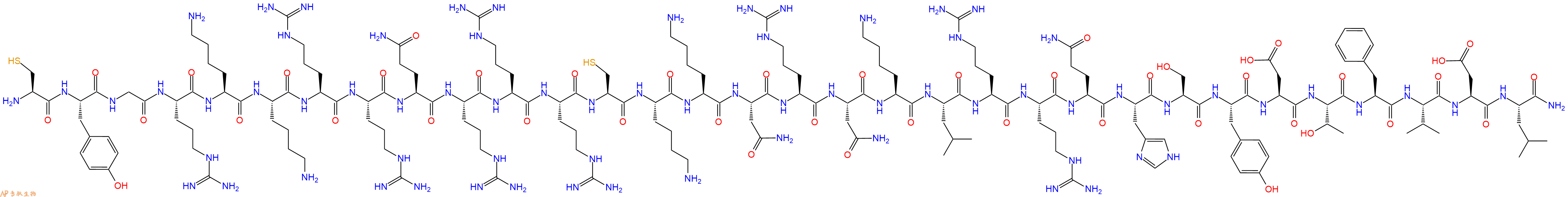 专肽生物产品H2N-Cys-Tyr-Gly-Arg-Lys-Lys-Arg-Arg-Gln-Arg-Arg-Arg-Cys-Lys-Lys-Asn-Arg-Asn-Lys-Leu-Arg-Arg-Gln-His-Ser-Tyr-Asp-Thr-Phe-Val-Asp-Leu-NH2