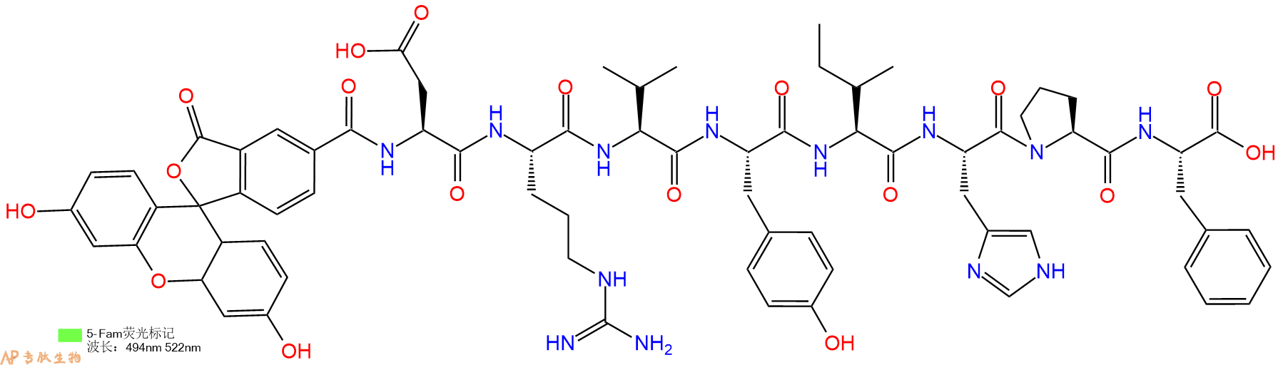 专肽生物产品5FAM-Asp-Arg-Val-Tyr-Ile-His-Pro-Phe-OH
