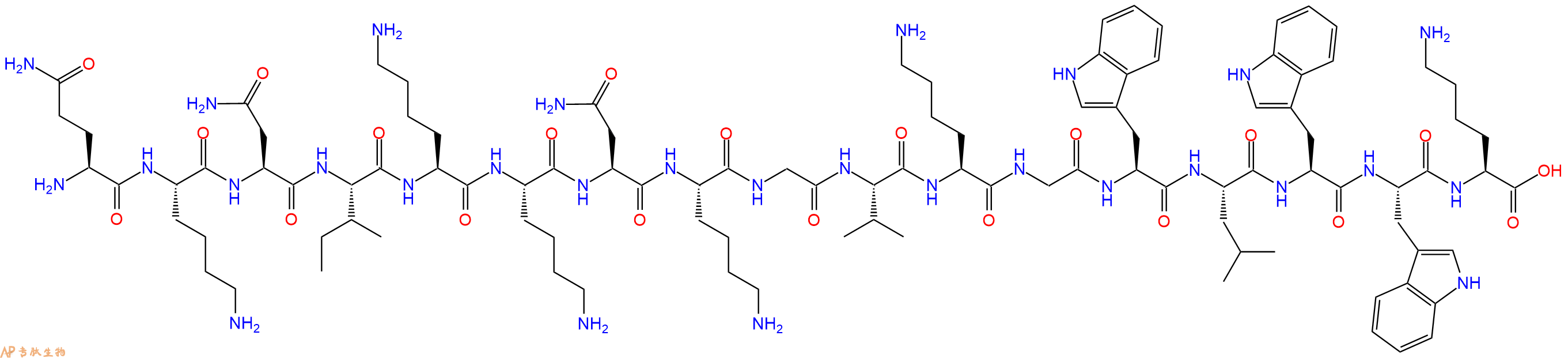 专肽生物产品H2N-Gln-Lys-Asn-Ile-Lys-Lys-Asn-Lys-Gly-Val-Lys-Gly-Trp-Leu-Trp-Trp-Lys-OH