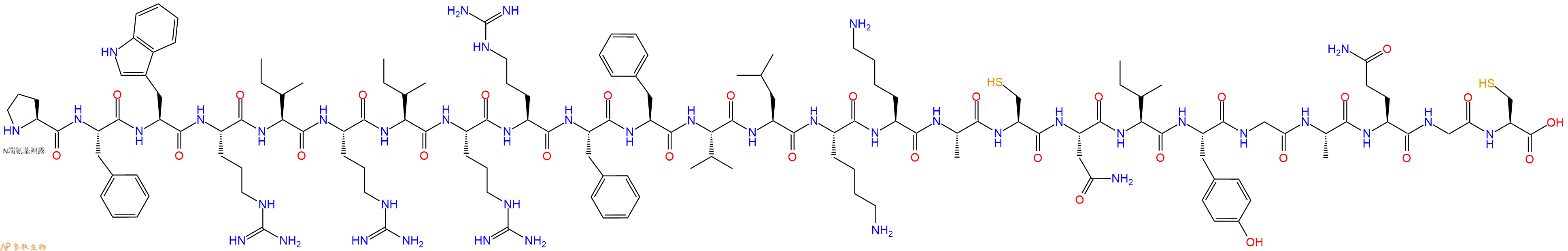 专肽生物产品H2N-Pro-Phe-Trp-Arg-Ile-Arg-Ile-Arg-Arg-Phe-Phe-Val-Leu-Lys-Lys-Ala-Cys-Asn-Ile-Tyr-Gly-Ala-Gln-Gly-Cys-OH