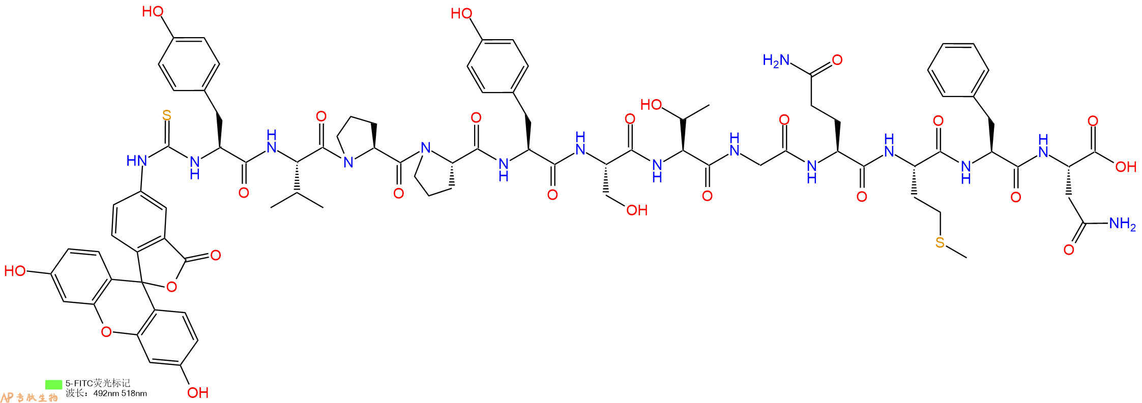 专肽生物产品5FITC-Tyr-Val-Pro-Pro-Tyr-Ser-Thr-Gly-Gln-Met-Phe-Asn-OH