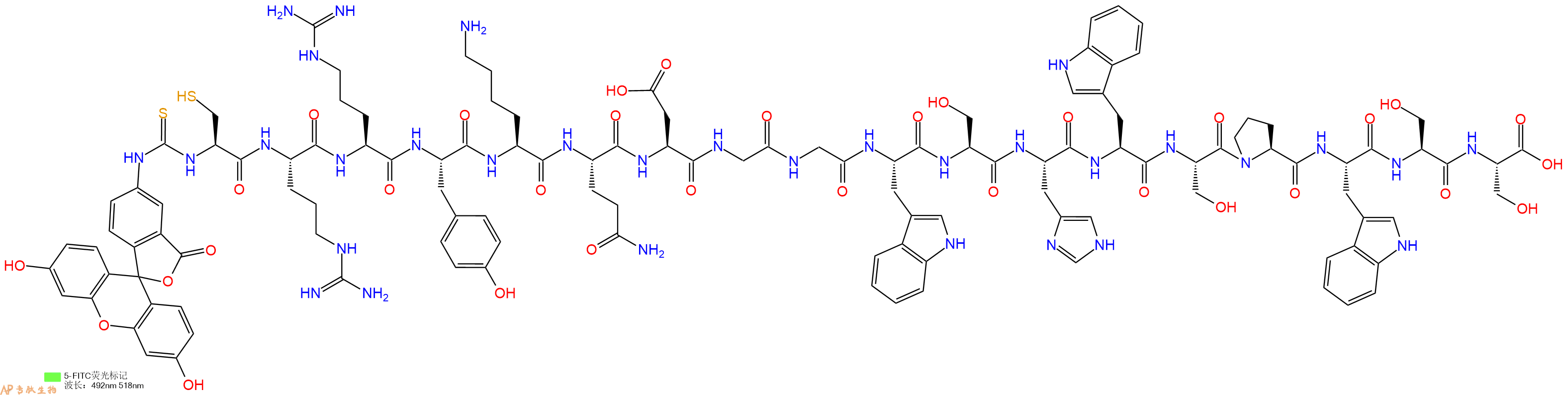 专肽生物产品5FITC-Cys-Arg-Arg-Tyr-Lys-Gln-Asp-Gly-Gly-Trp-Ser-His-Trp-Ser-Pro-Trp-Ser-Ser-OH