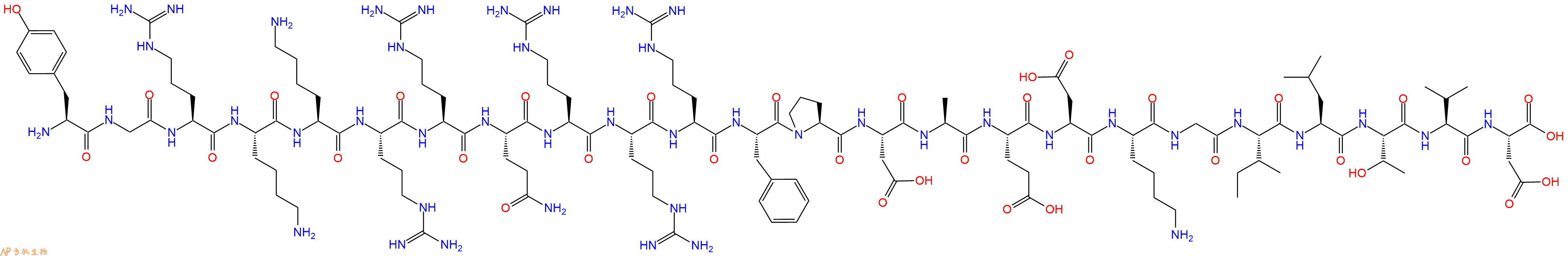 专肽生物产品H2N-Tyr-Gly-Arg-Lys-Lys-Arg-Arg-Gln-Arg-Arg-Arg-Phe-Pro-Asp-Ala-Glu-Asp-Lys-Gly-Ile-Leu-Thr-Val-Asp-OH