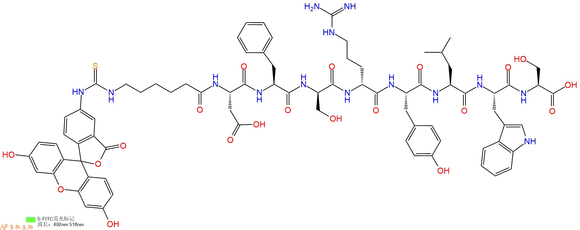 专肽生物产品5FITC-Ahx-Asp-Phe-DSer-DArg-Tyr-Leu-Trp-Ser-OH