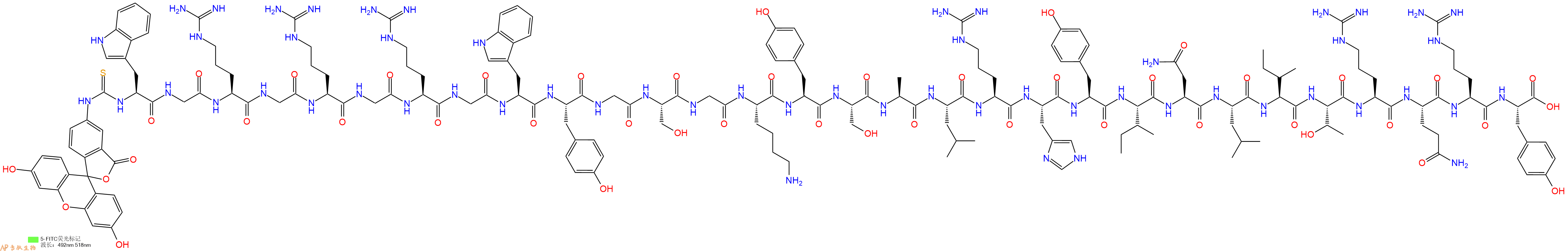 专肽生物产品5FITC-Trp-Gly-Arg-Gly-Arg-Gly-Arg-Gly-Trp-Tyr-Gly-Ser-Gly-Lys-Tyr-Ser-Ala-Leu-Arg-His-Tyr-Ile-Asn-Leu-Ile-Thr-Arg-Gln-Arg-Tyr-OH