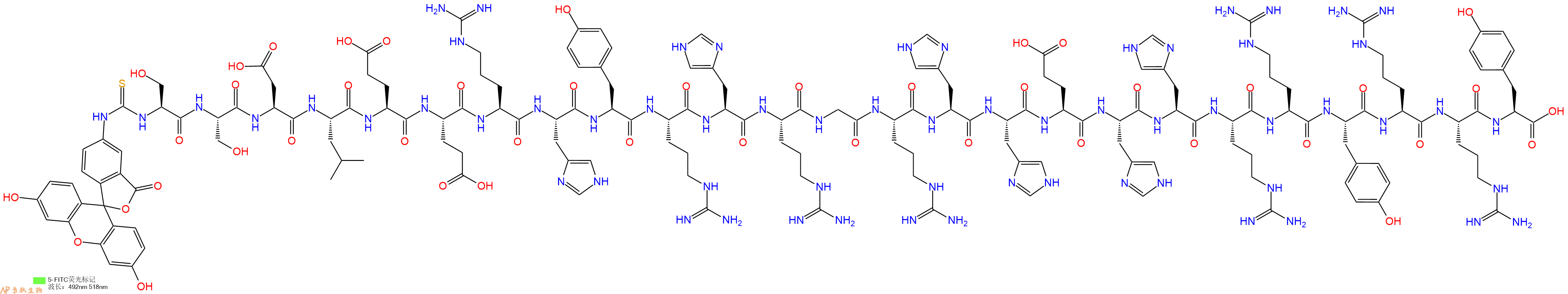 专肽生物产品5FITC-Ser-Ser-Asp-Leu-Glu-Glu-Arg-His-Tyr-Arg-His-Arg-Gly-Arg-His-His-Glu-His-His-Arg-Arg-Tyr-Arg-Arg-Tyr-OH