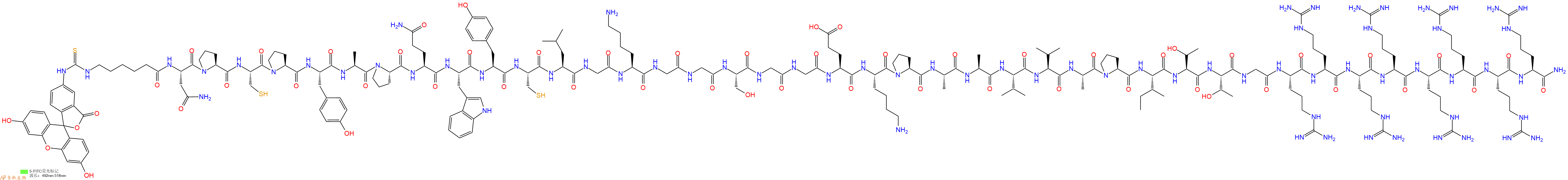 专肽生物产品5FITC-Ahx-Asn-Pro-Cys-Pro-Tyr-Ala-Pro-Gln-Trp-Tyr-Cys-Leu-Gly-Lys-Gly-Gly-Ser-Gly-Gly-Glu-Lys-Pro-Ala-Ala-Val-Val-Ala-Pro-Ile-Thr-Thr-Gly-Arg-Arg-Arg-Arg-Arg-Arg-Arg-Arg-NH2