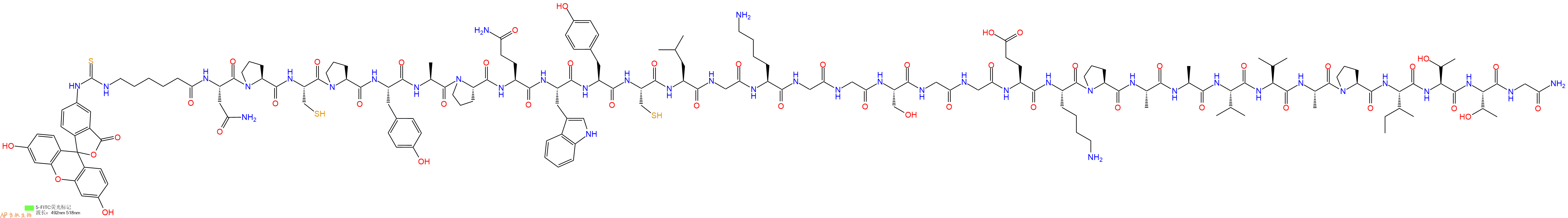 专肽生物产品5FITC-Ahx-Asn-Pro-Cys-Pro-Tyr-Ala-Pro-Gln-Trp-Tyr-Cys-Leu-Gly-Lys-Gly-Gly-Ser-Gly-Gly-Glu-Lys-Pro-Ala-Ala-Val-Val-Ala-Pro-Ile-Thr-Thr-Gly-NH2