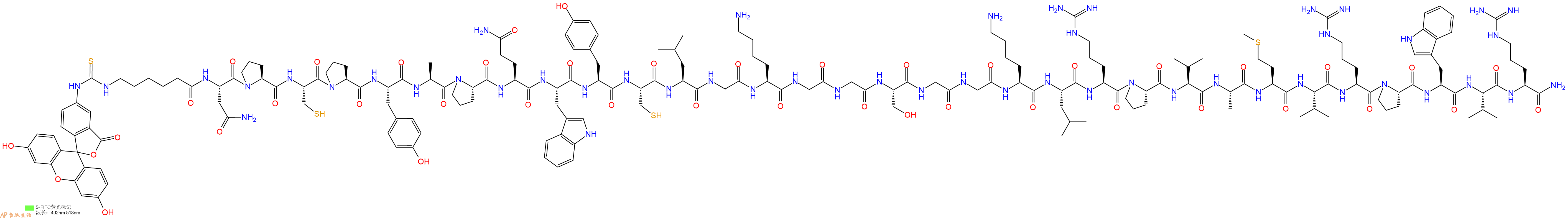 专肽生物产品5FITC-Ahx-Asn-Pro-Cys-Pro-Tyr-Ala-Pro-Gln-Trp-Tyr-Cys-Leu-Gly-Lys-Gly-Gly-Ser-Gly-Gly-Lys-Leu-Arg-Pro-Val-Ala-Met-Val-Arg-Pro-Trp-Val-Arg-NH2