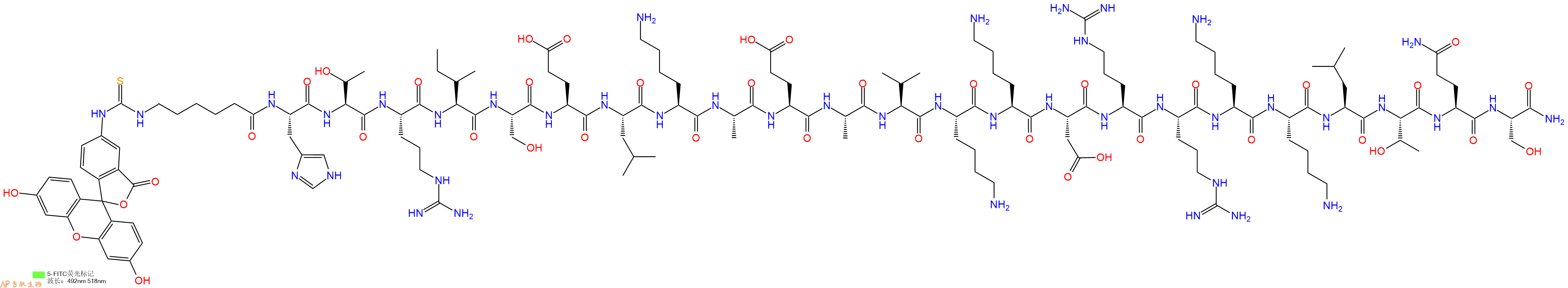 专肽生物产品5FITC-Ahx-His-Thr-Arg-Ile-Ser-Glu-Leu-Lys-Ala-Glu-Ala-Val-Lys-Lys-Asp-Arg-Arg-Lys-Lys-Leu-Thr-Gln-Ser-NH2