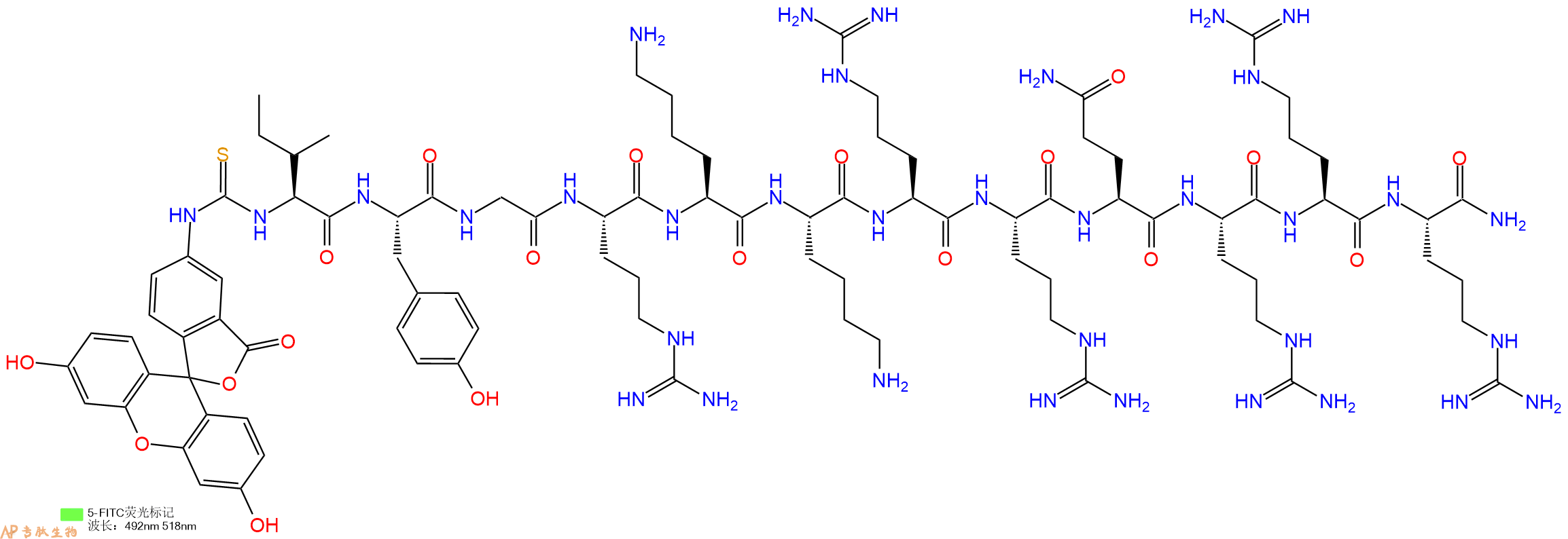 专肽生物产品5FITC-Ile-Tyr-Gly-Arg-Lys-Lys-Arg-Arg-Gln-Arg-Arg-Arg-NH2