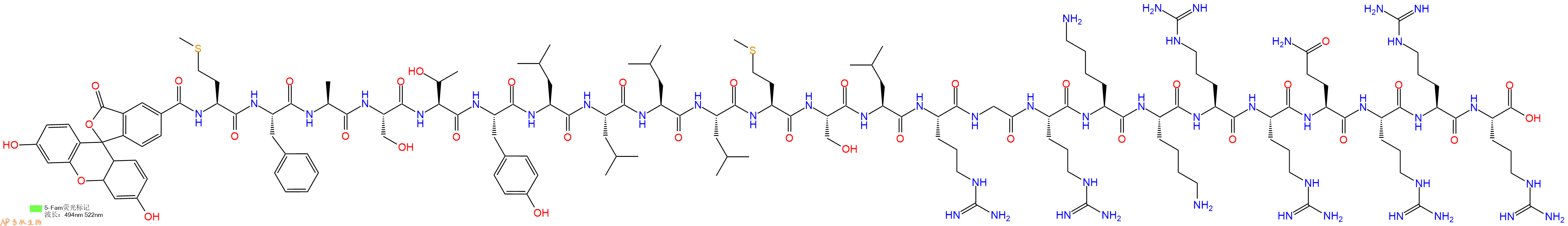 专肽生物产品5FAM-Met-Phe-Ala-Ser-Thr-Tyr-Leu-Leu-Leu-Leu-Met-Ser-Leu-Arg-Gly-Arg-Lys-Lys-Arg-Arg-Gln-Arg-Arg-Arg-OH