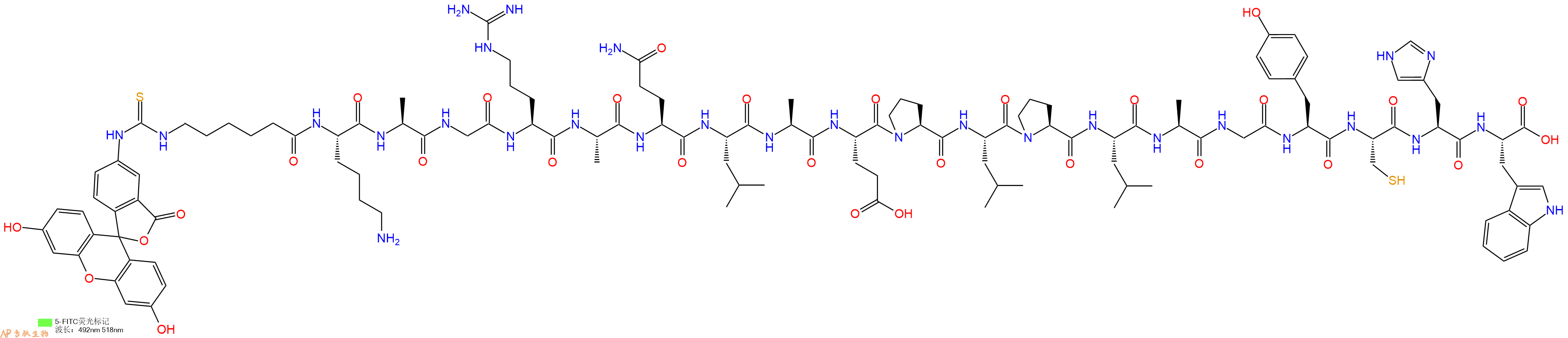 专肽生物产品5FITC-Ahx-Lys-Ala-Gly-Arg-Ala-Gln-Leu-Ala-Glu-Pro-Leu-Pro-Leu-Ala-Gly-Tyr-Cys-His-Trp-OH