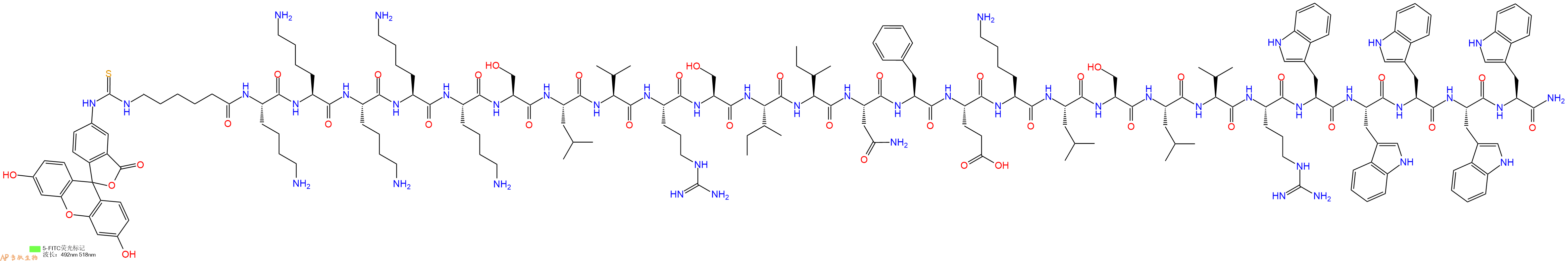 专肽生物产品5FITC-Ahx-Lys-Lys-Lys-Lys-Lys-Ser-Leu-Val-Arg-Ser-Ile-Ile-Asn-Phe-Glu-Lys-Leu-Ser-Leu-Val-Arg-Trp-Trp-Trp-Trp-Trp-NH2
