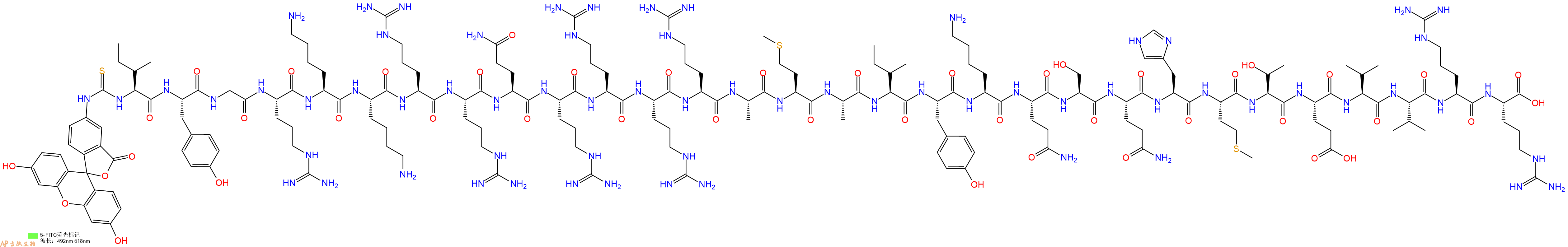 专肽生物产品5FITC-Ile-Tyr-Gly-Arg-Lys-Lys-Arg-Arg-Gln-Arg-Arg-Arg-Arg-Ala-Met-Ala-Ile-Tyr-Lys-Gln-Ser-Gln-His-Met-Thr-Glu-Val-Val-Arg-Arg-OH