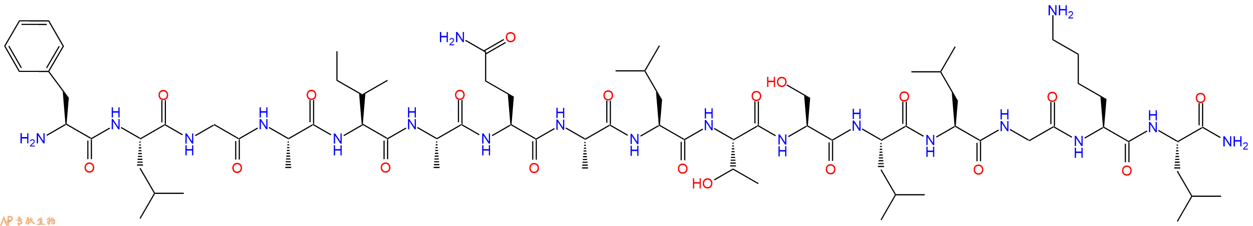 专肽生物产品H2N-Phe-Leu-Gly-Ala-Ile-Ala-Gln-Ala-Leu-Thr-Ser-Leu-Leu-Gly-Lys-Leu-NH2