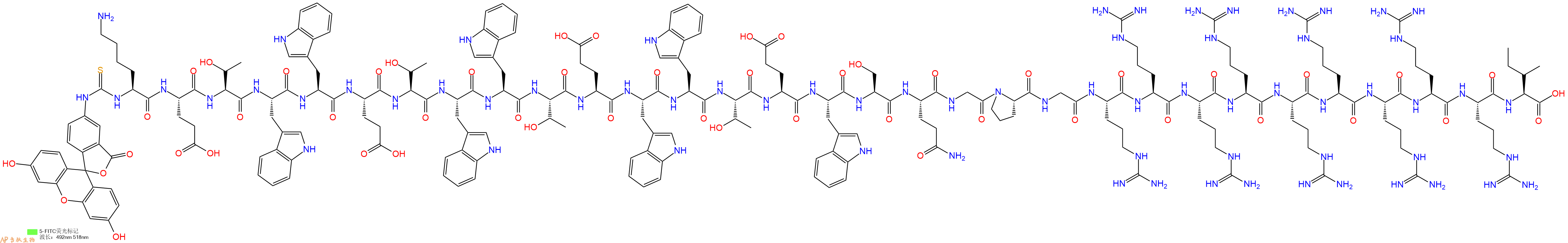 专肽生物产品5FITC-Lys-Glu-Thr-Trp-Trp-Glu-Thr-Trp-Trp-Thr-Glu-Trp-Trp-Thr-Glu-Trp-Ser-Gln-Gly-Pro-Gly-Arg-Arg-Arg-Arg-Arg-Arg-Arg-Arg-Arg-Ile-OH