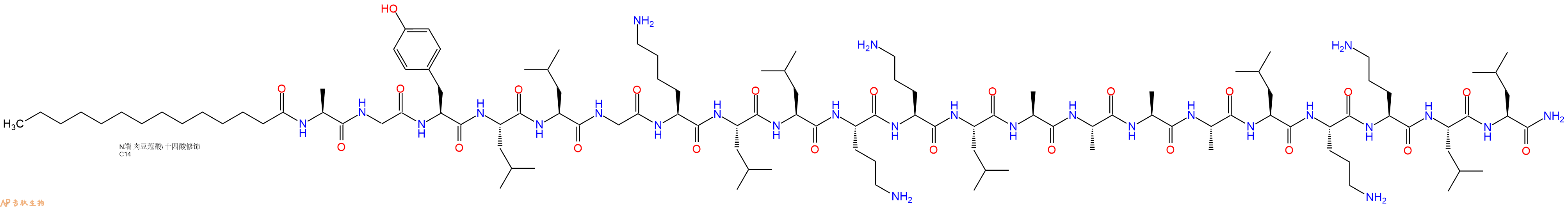专肽生物产品Myristicacid-Ala-Gly-Tyr-Leu-Leu-Gly-Lys-Leu-Leu-Orn-Orn-Leu-Ala-Ala-Ala-Ala-Leu-Orn-Orn-Leu-Leu-NH2