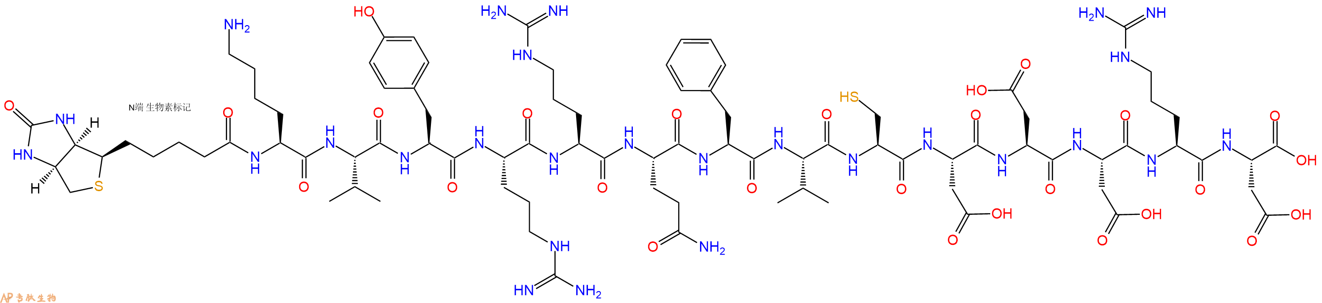 专肽生物产品Biotinyl-Lys-Val-Tyr-Arg-Arg-Gln-Phe-Val-Cys-Asp-Asp-Asp-Arg-Asp-OH
