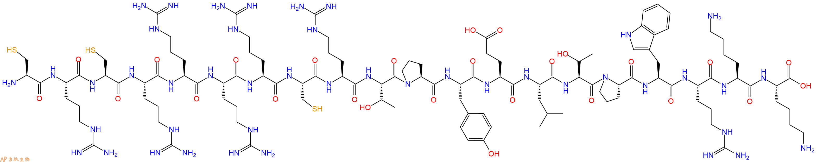 专肽生物产品H2N-Cys-Arg-Cys-Arg-Arg-Arg-Arg-Cys-Arg-Thr-Pro-Tyr-Glu-Leu-Thr-Pro-Trp-Arg-Lys-Lys-OH