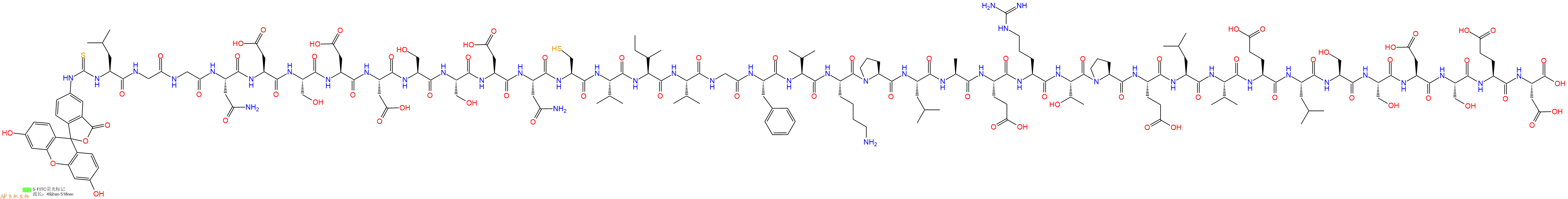 专肽生物产品5FITC-Leu-Gly-Gly-Asn-Asp-Ser-Asp-Asp-Ser-Ser-Asp-Asn-Cys-Val-Ile-Val-Gly-Phe-Val-Lys-Pro-Leu-Ala-Glu-Arg-Thr-Pro-Glu-Leu-Val-Glu-Leu-Ser-Ser-Asp-Ser-Glu-Asp-OH