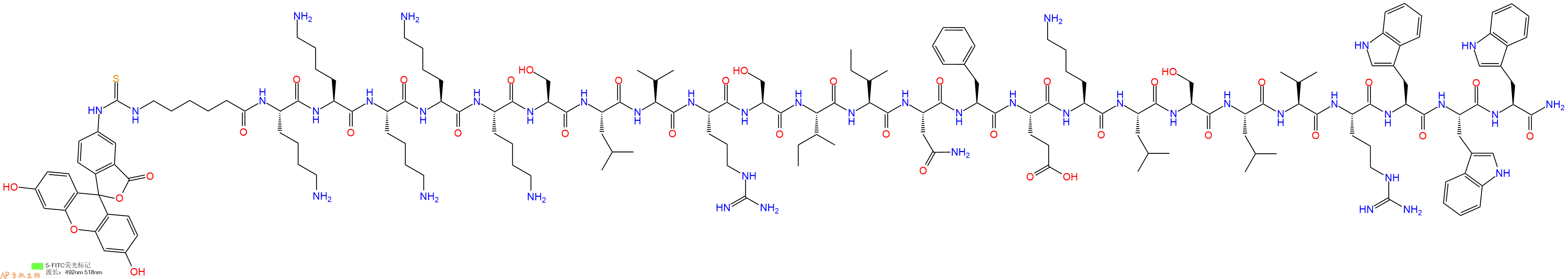 专肽生物产品5FITC-Ahx-Lys-Lys-Lys-Lys-Lys-Ser-Leu-Val-Arg-Ser-Ile-Ile-Asn-Phe-Glu-Lys-Leu-Ser-Leu-Val-Arg-Trp-Trp-Trp-NH2