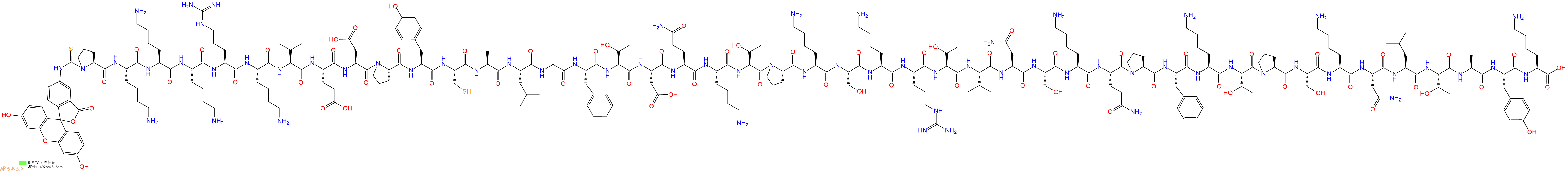 专肽生物产品5FITC-Pro-Lys-Lys-Lys-Arg-Lys-Val-Glu-Asp-Pro-Tyr-Cys-Ala-Leu-Gly-Phe-Thr-Asp-Gln-Lys-Thr-Pro-Lys-Ser-Lys-Arg-Thr-Val-Asn-Ser-Lys-Gln-Pro-Phe-Lys-Thr-Pro-Ser-Lys-Asn-Leu-Thr-Ala-Tyr-Lys-OH
