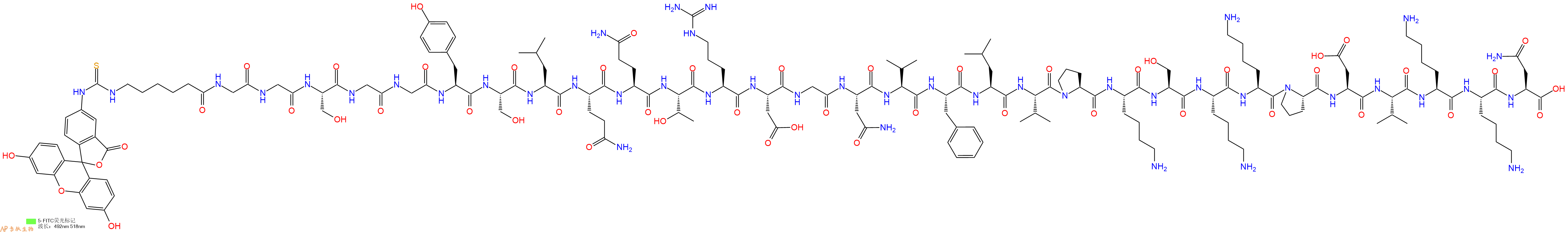 专肽生物产品5FITC-Ahx-Gly-Gly-Ser-Gly-Gly-Tyr-Ser-Leu-Gln-Gln-Thr-Arg-Asp-Gly-Asn-Val-Phe-Leu-Val-Pro-Lys-Ser-Lys-Lys-Pro-Asp-Val-Lys-Lys-Asn-OH