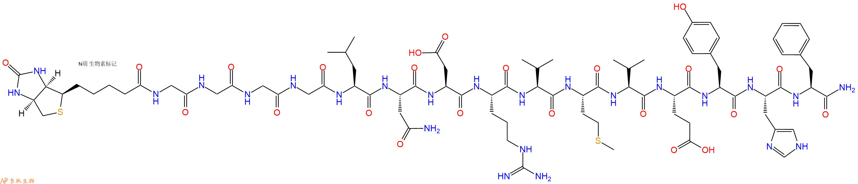 专肽生物产品Biotinyl-Gly-Gly-Gly-Gly-Leu-Asn-Asp-Arg-Val-Met-Val-Glu-Tyr-His-Phe-NH2