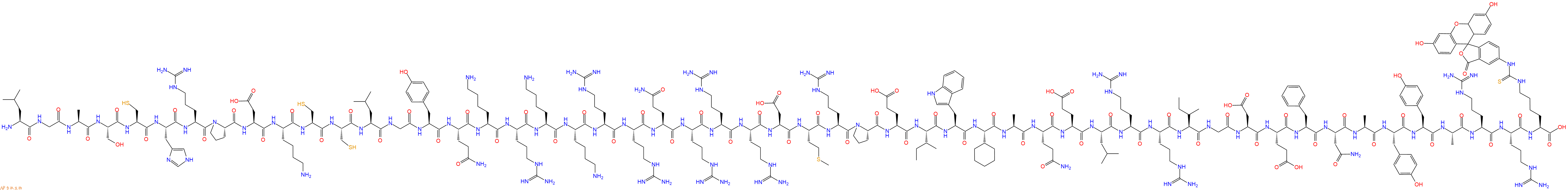 专肽生物产品H2N-Leu-Gly-Ala-Ser-Cys-His-Arg-Pro-Asp-Lys-Cys-Cys-Leu-Gly-Tyr-Gln-Lys-Arg-Lys-Lys-Arg-Arg-Gln-Arg-Arg-Arg-Asp-Met-Arg-Pro-Glu-Ile-Trp-Chg-Ala-Gln-Glu-Leu-Arg-Arg-Ile-Gly-Asp-Glu-Phe-Asn-Ala-Tyr-Tyr-Ala-Arg-Arg-Lys(FITC)-OH