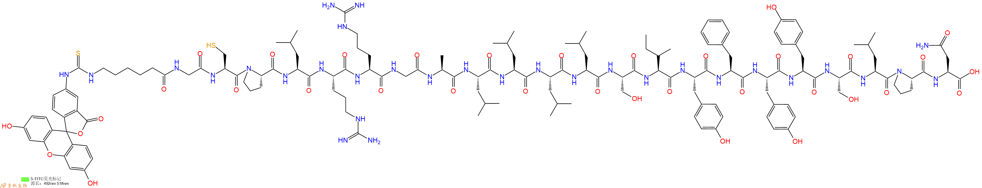 专肽生物产品5FITC-Ahx-Gly-Cys-Pro-Leu-Arg-Arg-Gly-Ala-Leu-Leu-Leu-Leu-Ser-Ile-Tyr-Phe-Tyr-Tyr-Ser-Leu-Pro-Asn-OH