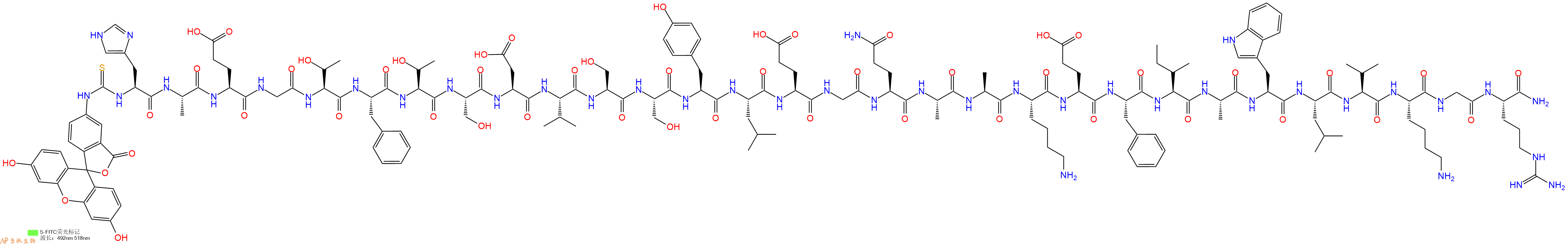 专肽生物产品5FITC-His-Ala-Glu-Gly-Thr-Phe-Thr-Ser-Asp-Val-Ser-Ser-Tyr-Leu-Glu-Gly-Gln-Ala-Ala-Lys-Glu-Phe-Ile-Ala-Trp-Leu-Val-Lys-Gly-Arg-NH2