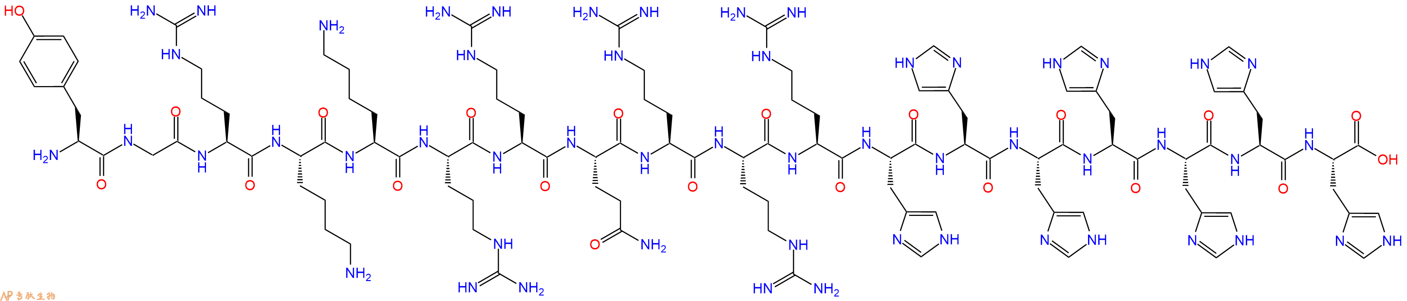 专肽生物产品H2N-Tyr-Gly-Arg-Lys-Lys-Arg-Arg-Gln-Arg-Arg-Arg-His-His-His-His-His-His-His-OH