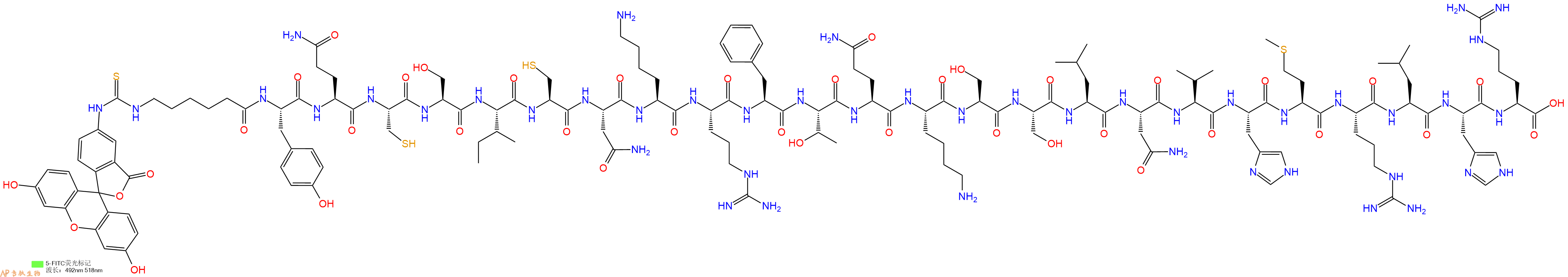 专肽生物产品5FITC-Ahx-Tyr-Gln-Cys-Ser-Ile-Cys-Asn-Lys-Arg-Phe-Thr-Gln-Lys-Ser-Ser-Leu-Asn-Val-His-Met-Arg-Leu-His-Arg-OH