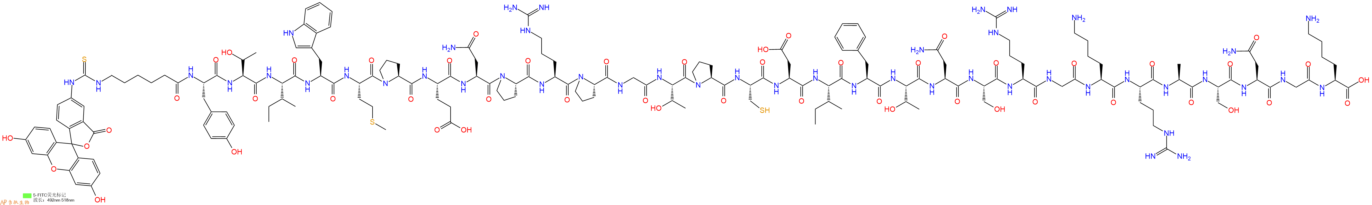 专肽生物产品5FITC-Ahx-Tyr-Thr-Ile-Trp-Met-Pro-Glu-Asn-Pro-Arg-Pro-Gly-Thr-Pro-Cys-Asp-Ile-Phe-Thr-Asn-Ser-Arg-Gly-Lys-Arg-Ala-Ser-Asn-Gly-Lys-OH