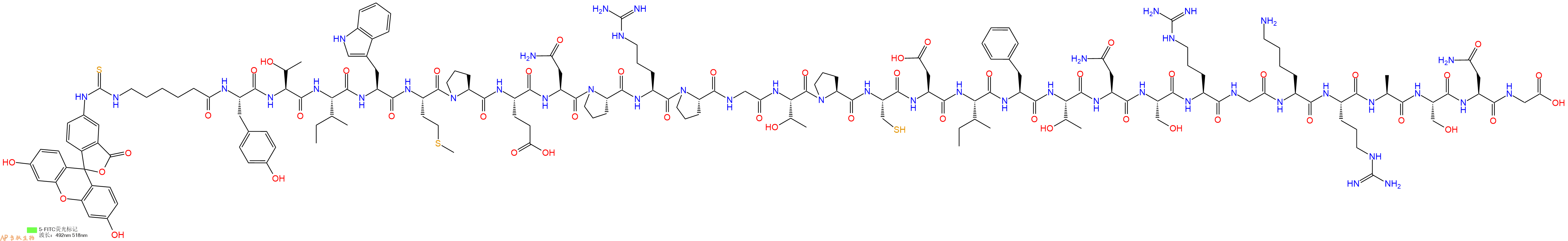 专肽生物产品5FITC-Ahx-Tyr-Thr-Ile-Trp-Met-Pro-Glu-Asn-Pro-Arg-Pro-Gly-Thr-Pro-Cys-Asp-Ile-Phe-Thr-Asn-Ser-Arg-Gly-Lys-Arg-Ala-Ser-Asn-Gly-OH