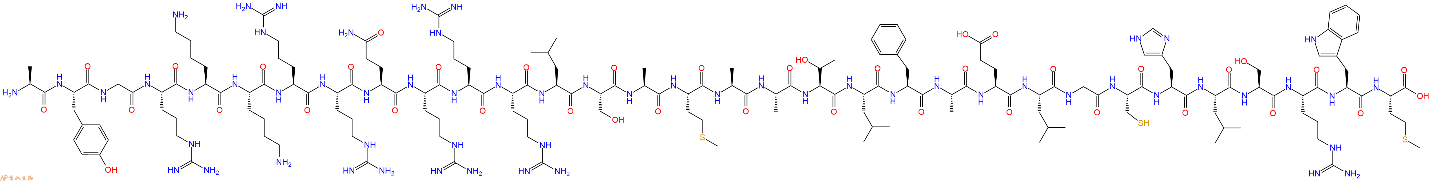 专肽生物产品H2N-Ala-Tyr-Gly-Arg-Lys-Lys-Arg-Arg-Gln-Arg-Arg-Arg-Leu-Ser-Ala-Met-Ala-Ala-Thr-Leu-Phe-Ala-Glu-Leu-Gly-Cys-His-Leu-Ser-Arg-Trp-Met-OH