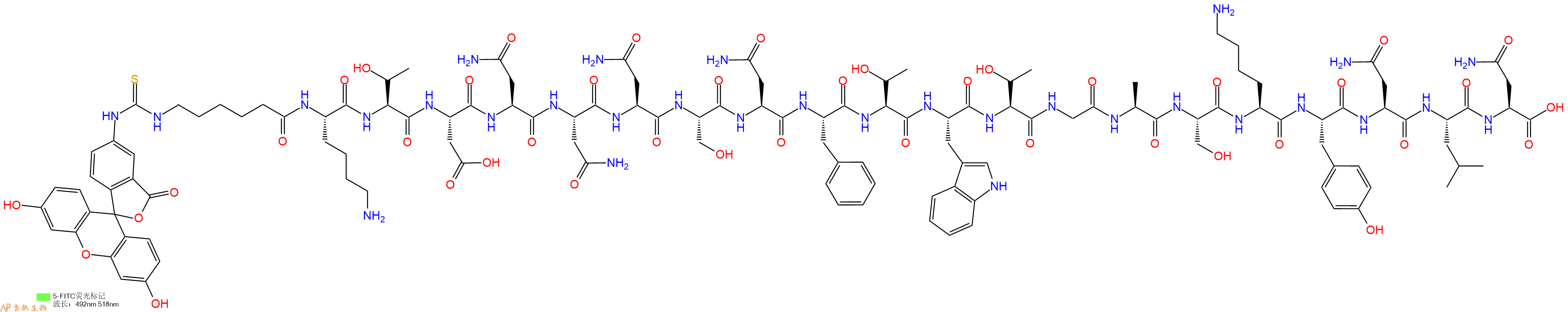 专肽生物产品5FITC-Ahx-Lys-Thr-Asp-Asn-Asn-Asn-Ser-Asn-Phe-Thr-Trp-Thr-Gly-Ala-Ser-Lys-Tyr-Asn-Leu-Asn-OH