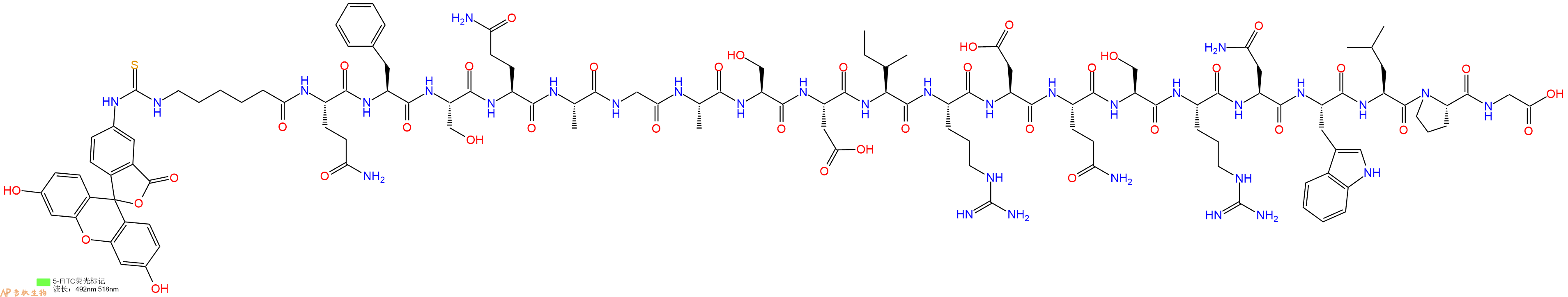 专肽生物产品5FITC-Ahx-Gln-Phe-Ser-Gln-Ala-Gly-Ala-Ser-Asp-Ile-Arg-Asp-Gln-Ser-Arg-Asn-Trp-Leu-Pro-Gly-OH