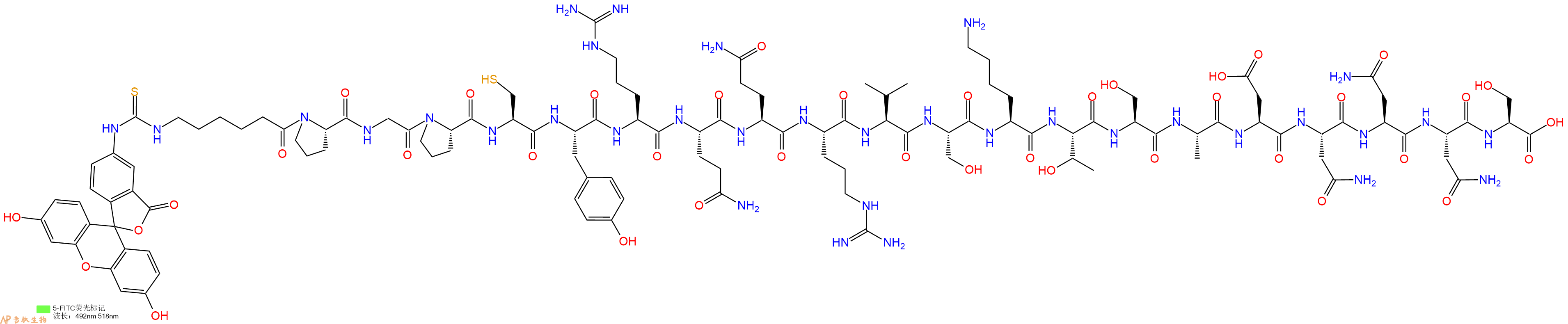 专肽生物产品5FITC-Ahx-Pro-Gly-Pro-Cys-Tyr-Arg-Gln-Gln-Arg-Val-Ser-Lys-Thr-Ser-Ala-Asp-Asn-Asn-Asn-Ser-OH