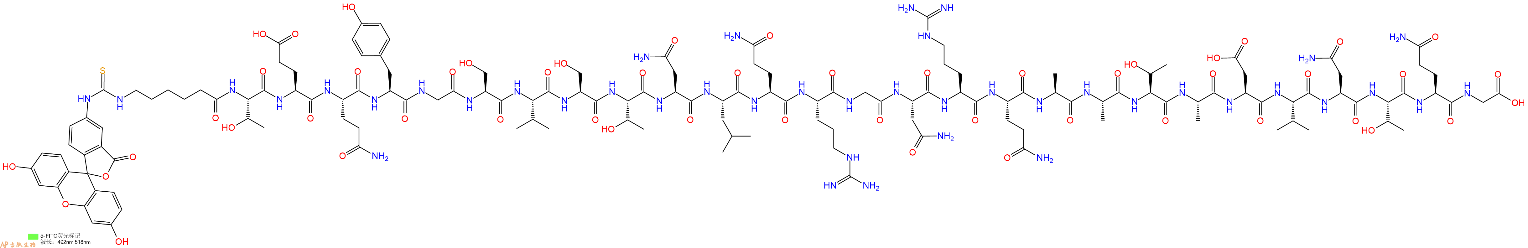 专肽生物产品5FITC-Ahx-Thr-Glu-Gln-Tyr-Gly-Ser-Val-Ser-Thr-Asn-Leu-Gln-Arg-Gly-Asn-Arg-Gln-Ala-Ala-Thr-Ala-Asp-Val-Asn-Thr-Gln-Gly-OH