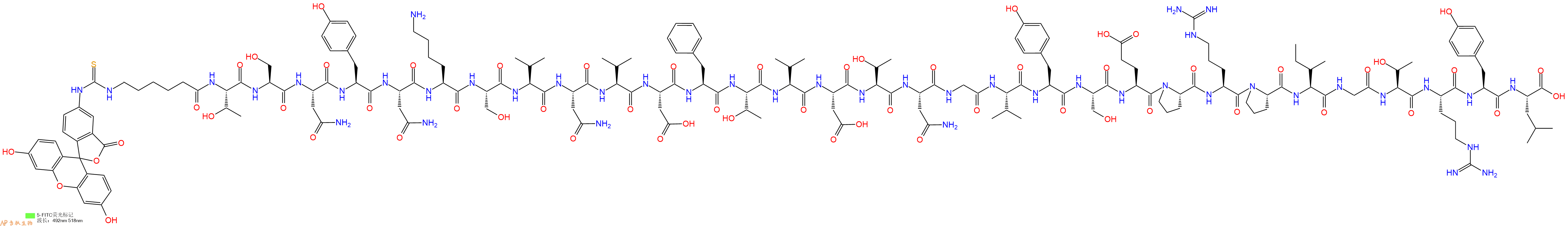 专肽生物产品5FITC-Ahx-Thr-Ser-Asn-Tyr-Asn-Lys-Ser-Val-Asn-Val-Asp-Phe-Thr-Val-Asp-Thr-Asn-Gly-Val-Tyr-Ser-Glu-Pro-Arg-Pro-Ile-Gly-Thr-Arg-Tyr-Leu-OH