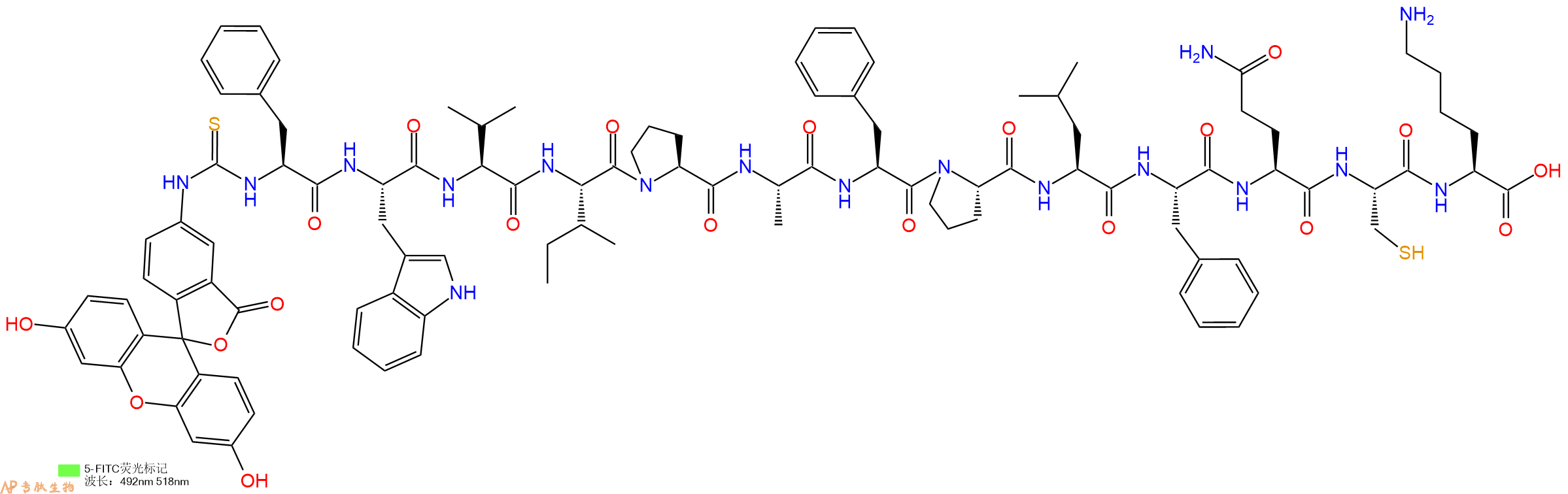 专肽生物产品5FITC-Phe-Trp-Val-Ile-Pro-Ala-Phe-Pro-Leu-Phe-Gln-Cys-Lys-OH