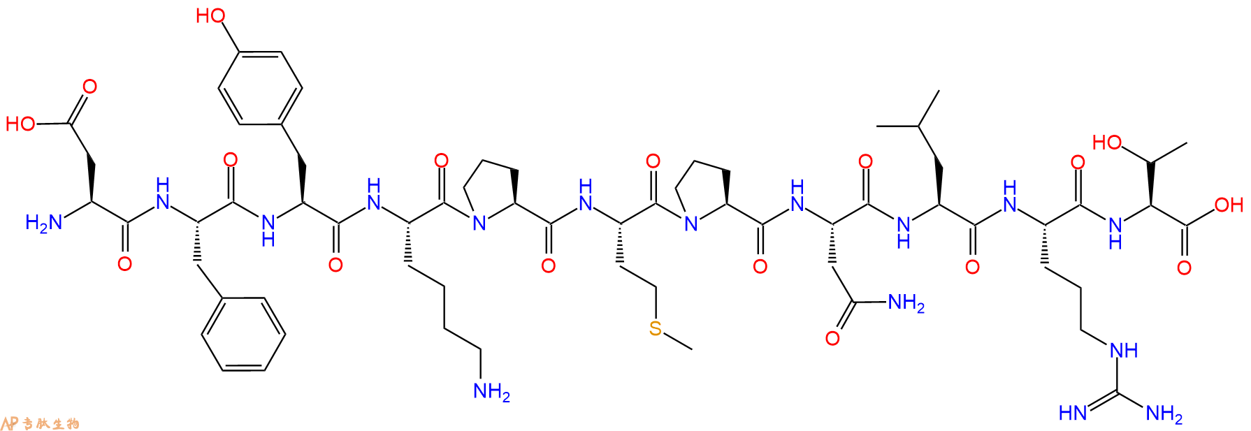 专肽生物产品H2N-Asp-Phe-Tyr-Lys-Pro-Met-Pro-Asn-Leu-Arg-Thr-OH