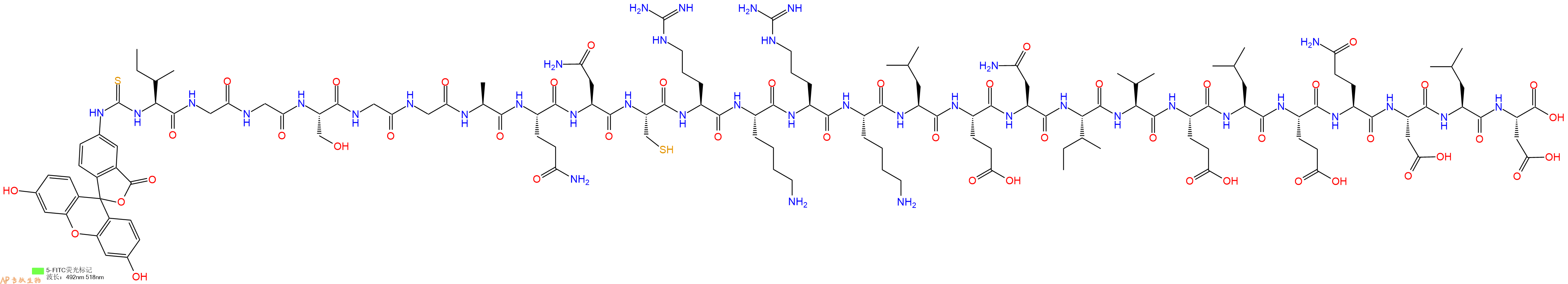 专肽生物产品5FITC-Ile-Gly-Gly-Ser-Gly-Gly-Ala-Gln-Asn-Cys-Arg-Lys-Arg-Lys-Leu-Glu-Asn-Ile-Val-Glu-Leu-Glu-Gln-Asp-Leu-Asp-OH