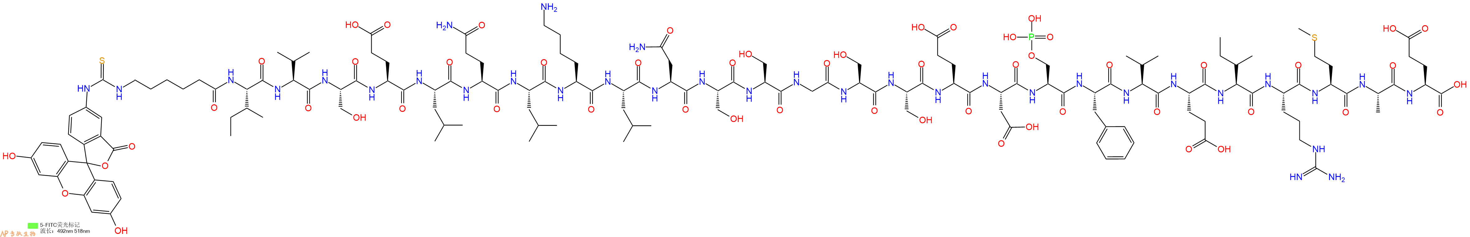 专肽生物产品5FITC-Ahx-Ile-Val-Ser-Glu-Leu-Gln-Leu-Lys-Leu-Asn-Ser-Ser-Gly-Ser-Ser-Glu-Asp-Ser(PO3H2)-Phe-Val-Glu-Ile-Arg-Met-Ala-Glu-OH