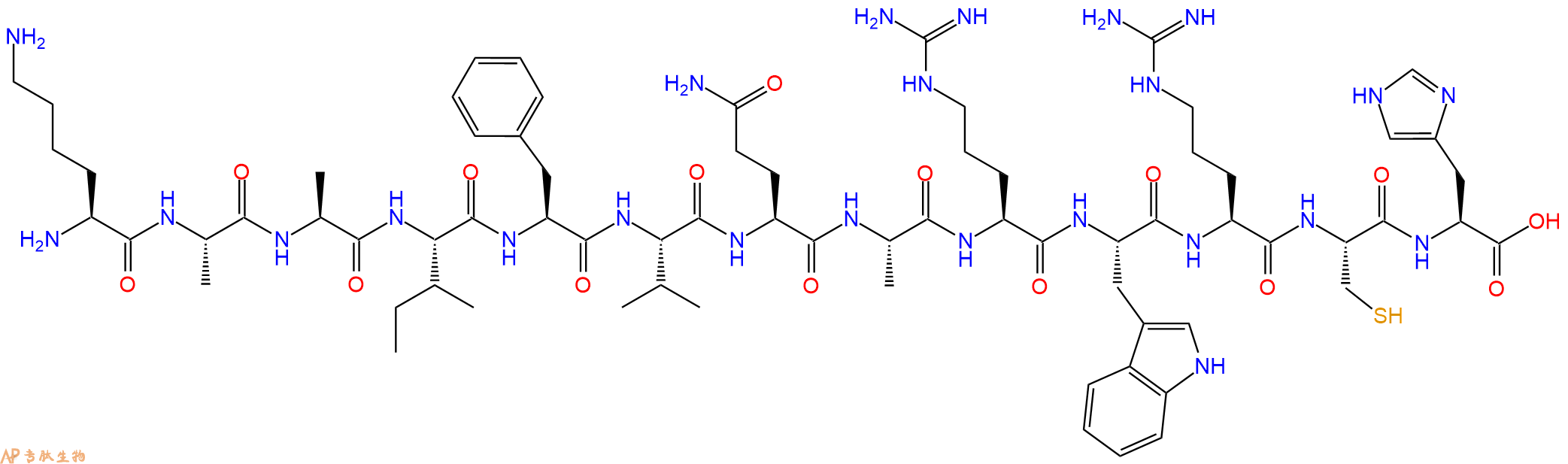 专肽生物产品H2N-Lys-Ala-Ala-Ile-Phe-Val-Gln-Ala-Arg-Trp-Arg-Cys-His-OH