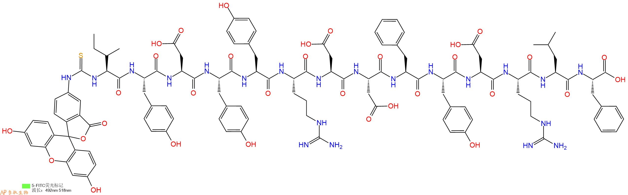 专肽生物产品5FITC-Ile-Tyr-Asp-Tyr-Tyr-Arg-Asp-Asp-Phe-Tyr-Asp-Arg-Leu-Phe-OH