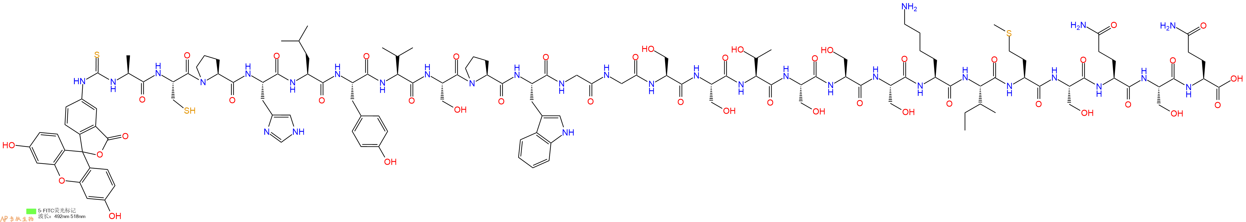 专肽生物产品5FITC-Ala-Cys-Pro-His-Leu-Tyr-Val-Ser-Pro-Trp-Gly-Gly-Ser-Ser-Thr-Ser-Ser-Ser-Lys-Ile-Met-Ser-Gln-Ser-Gln-OH